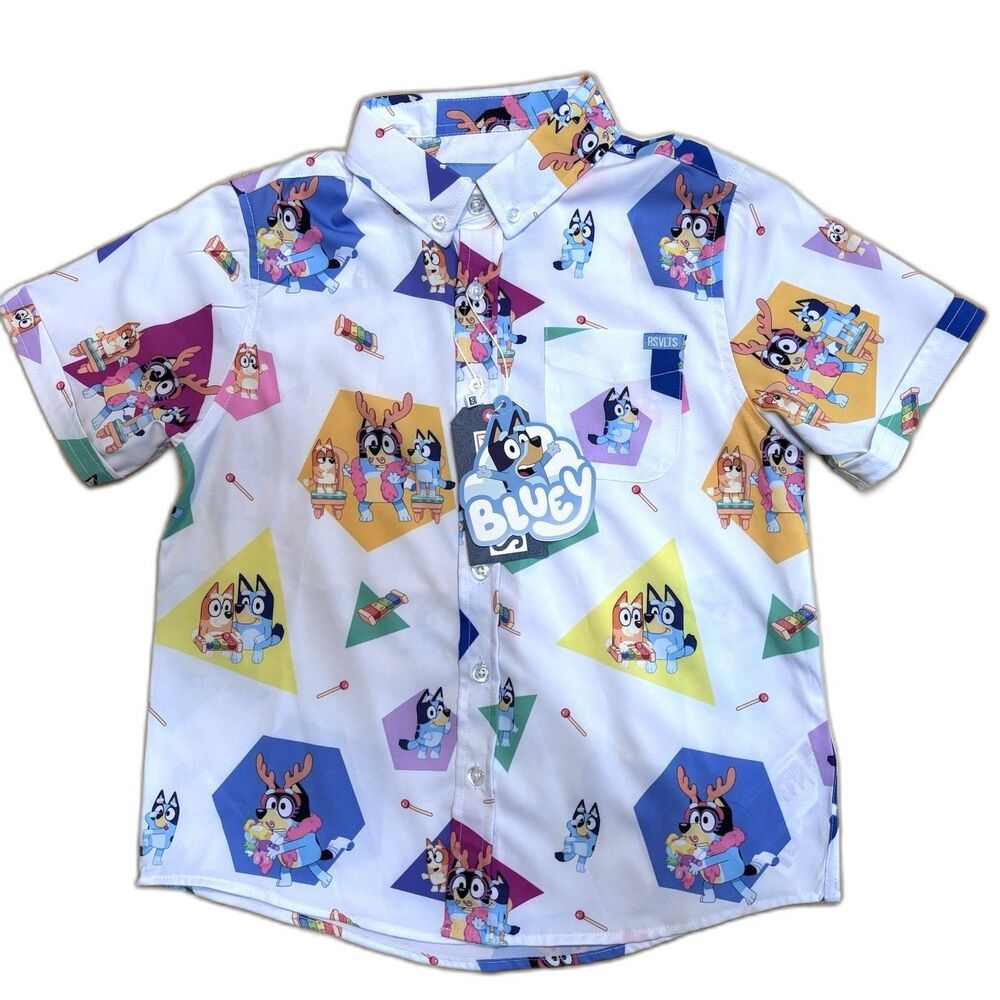 RSVLTS Bluey Magic Xylophone Youth Button-Up Shirt Small Graphic Cartoon NWT